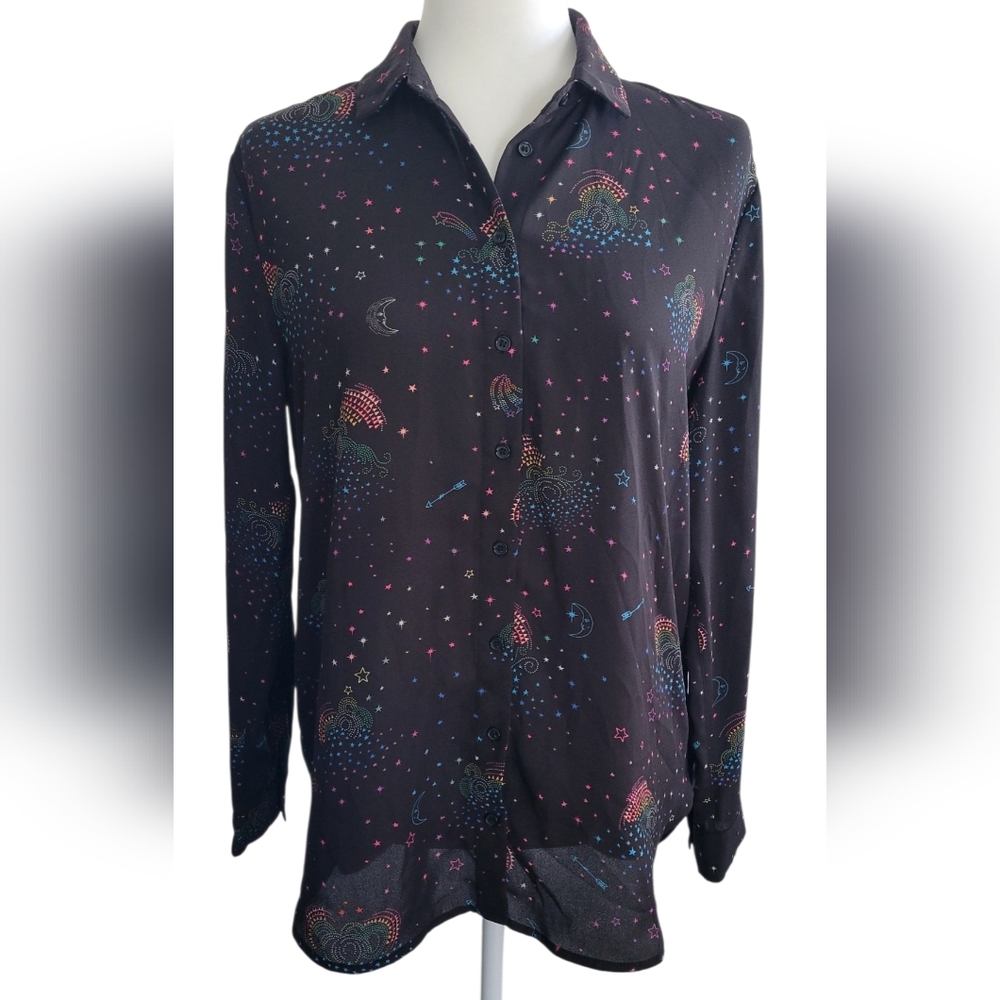 Warehouse Black Celestial Button Down Long Sleeve Shirt, Moon Stars, Women's 10 - Picture 3 of 9